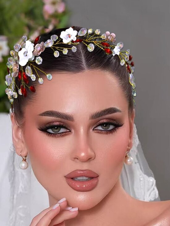 Handmade Floral Bridal Headband, Red Crystal Flower Wedding Headpiece